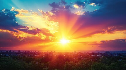 Fototapeta premium Vibrant sunset over city skyline with sun rays through clouds
