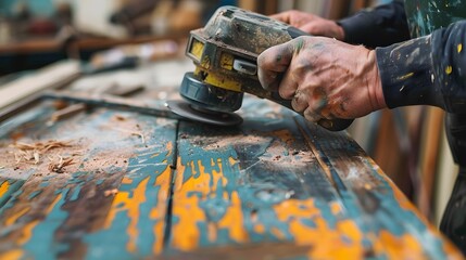 A person using a grinder to remove old paint from wooden furniture as part of a restoration project