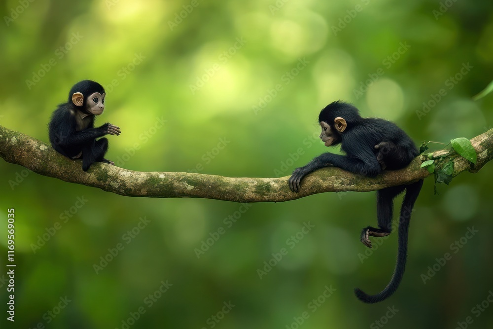 Poster two baby monkeys sitting on a tree branch in a lush green forest.
