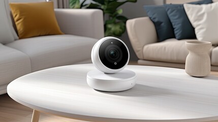 A white smart home security camera slowly moves to the right in a stylish room, showcasing its advanced features in personal protection