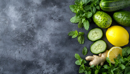 Infused detox water with cucumber, lemon, ginger and mint for diet healthy eating and weight loss with copy space