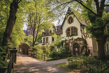Fototapeta premium Postcard Perfect: Cologne, Germany - Charming View of Houses, Park, and Bell Tower