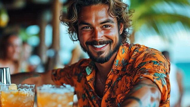 This friendly bartender prepares refreshing cocktails at a lively beach bar.