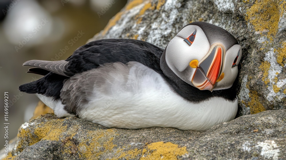 Poster close-up of a puffin resting on a rock, showing its colorful beak and plumage.