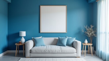 Modern living room with blue wall, beige sofa, matching throw pillows, side tables, lamp, and blank vertical frame above the couch