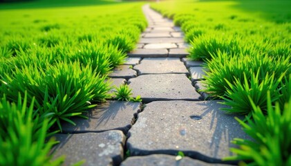 Obraz premium Cracked concrete path meets vibrant green grass , illustration, sidewalk, landscape
