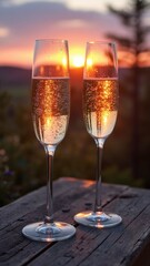 Two champagne flutes on wooden surface at sunset with golden reflections in the glass and blurred outdoor background