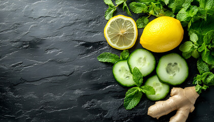Infused detox water with cucumber, lemon, ginger and mint for diet healthy eating and weight loss with copy space