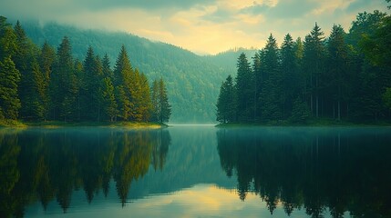   A lake surrounded by trees in a dense forest with a hazy sky