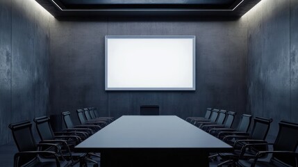 Modern conference room, blank screen, presentation, concrete walls, meeting