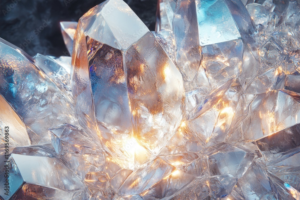 Poster a mesmerizing cluster of translucent crystals, glowing with an inner light, showcases intricate face