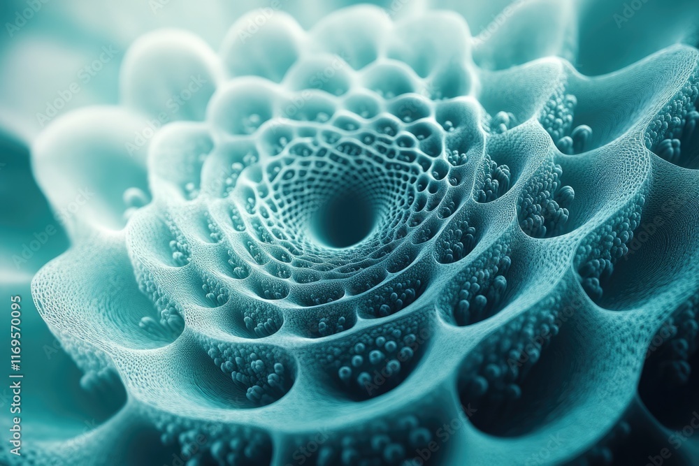 Poster abstract teal fractal art depicting a mesmerizing swirling pattern with intricate details and a sens