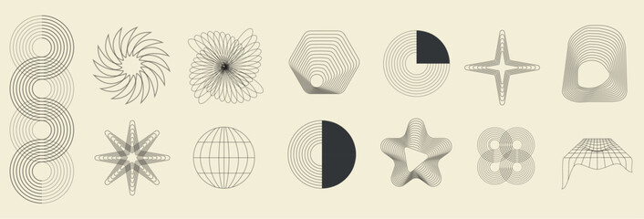 Hand drawn abstract minimal element mid century, modern vector set. Aesthetic contemporary stripe line art in black and white. Art form design for wall art, decoration, wallpaper. Vector illustration
