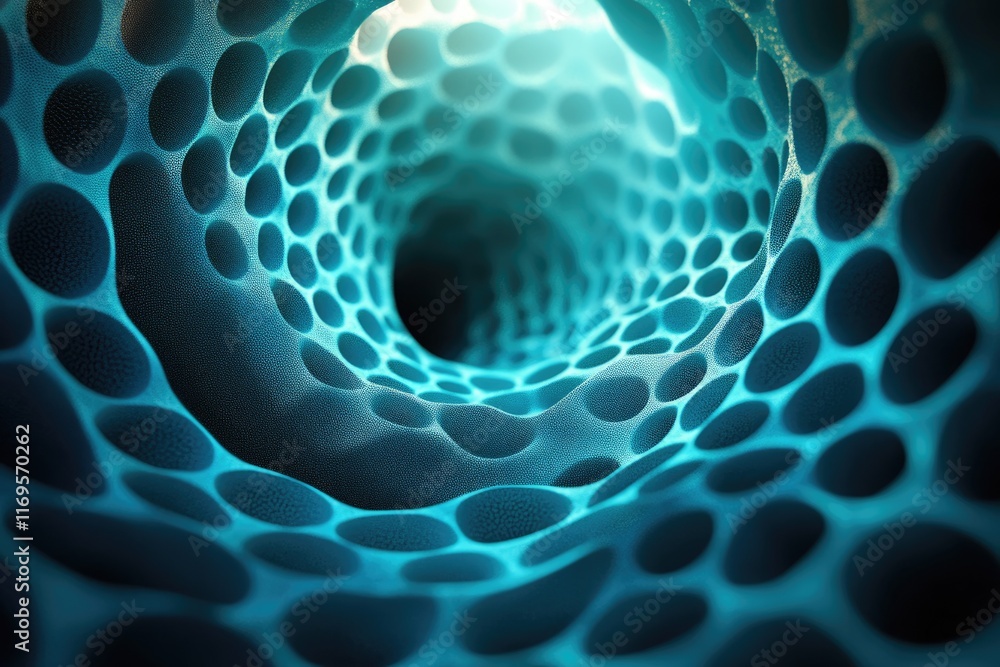 Poster abstract 3d rendering of a turquoise, porous, tunnel-like structure with a hypnotic effect.