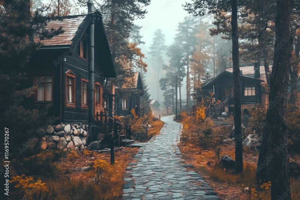 Poster misty autumn path winds through quaint wooden cabins nestled in a dense forest.