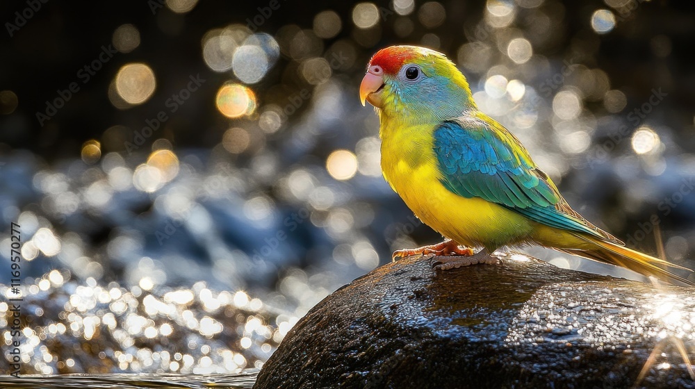 Aufkleber vibrant colorful parrot perched on a rock near a sparkling stream.