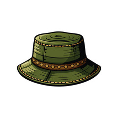 A stylish olive green bucket hat with stitched detail, featuring a brown band with golden accents.