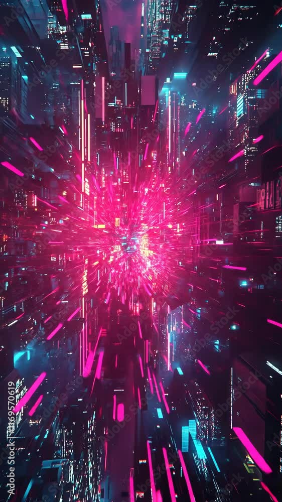 Poster dynamic visualization of a futuristic cityscape with vibrant colors and light streaks in a digital r
