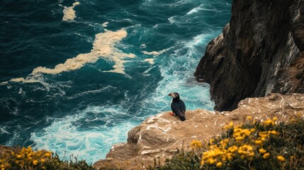 Puffin perched on coastal cliff overlooking dramatic ocean waves and yellow wildflowers.