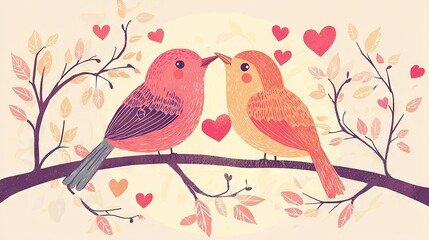   A pair of birds perched atop a tree limb adjacent to a heart-shaped tree laden with numerous foliage