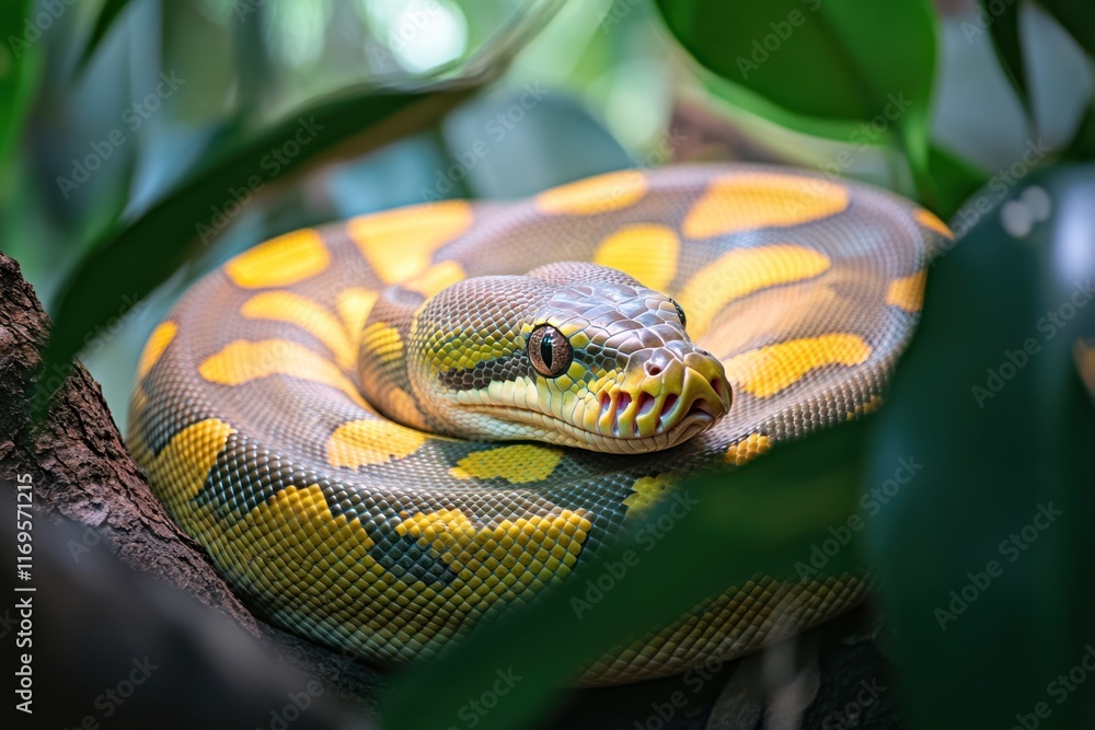 Poster a yellow and grey python coiled on a branch, partially hidden by lush green foliage.