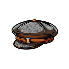 A traditional baker boy hat in grey tweed with a brown leather band and a gold buckle.