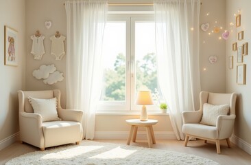 Soft natural nursery interior with armchairs and warm lighting