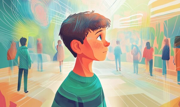 Youthful figure observes blurred figures in vibrant hall.