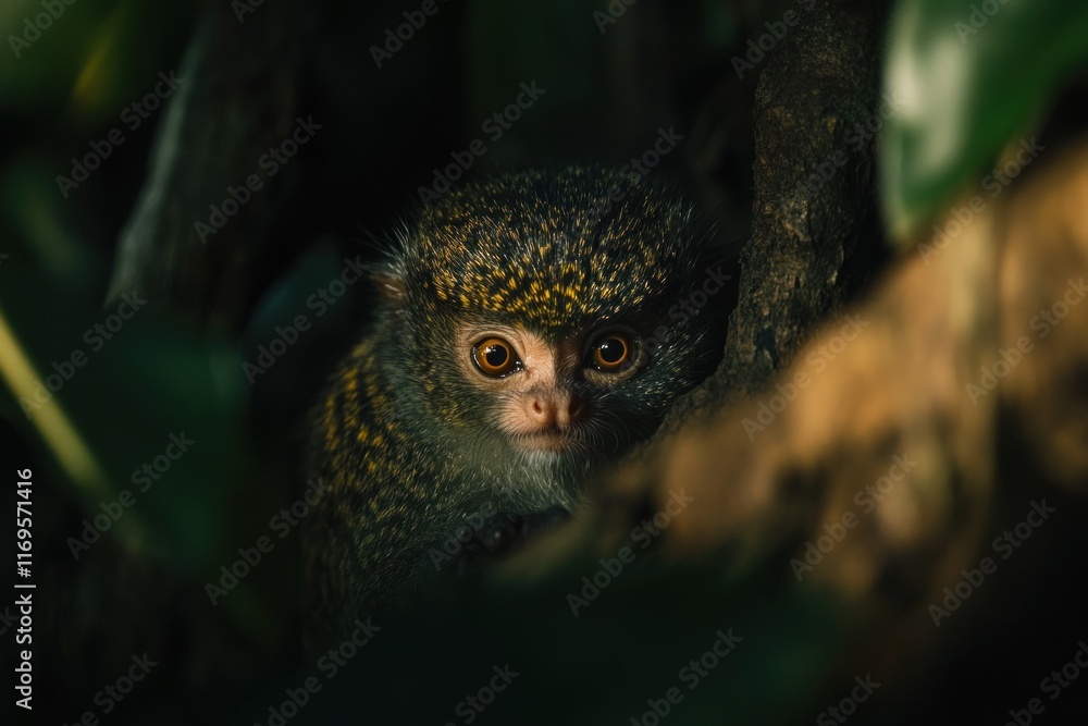 Poster close-up of a small monkey with golden fur peeking from behind a tree trunk in a dark, lush forest.