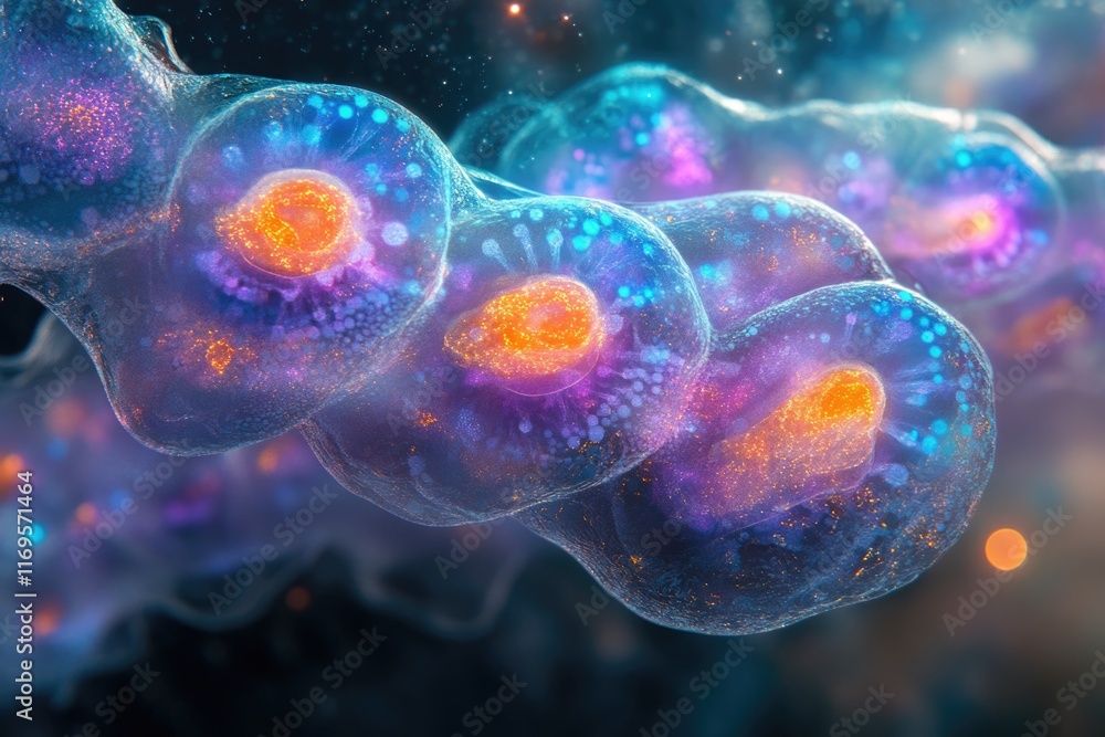 Aufkleber microscopic view of interconnected cells, vibrant colors showcasing intricate internal structures.