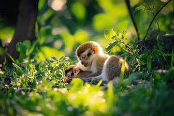 Two adorable baby monkeys cuddling in lush green foliage, bathed in sunlight.