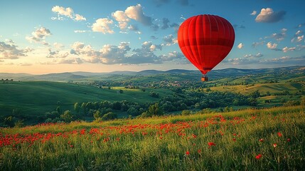 Fototapeta premium Red Balloon Over Green Hillside