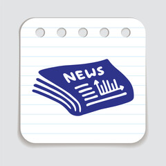 Doodle newspaper icon hand drawn with blue pen on a notepaper in flat style. Vector illustration