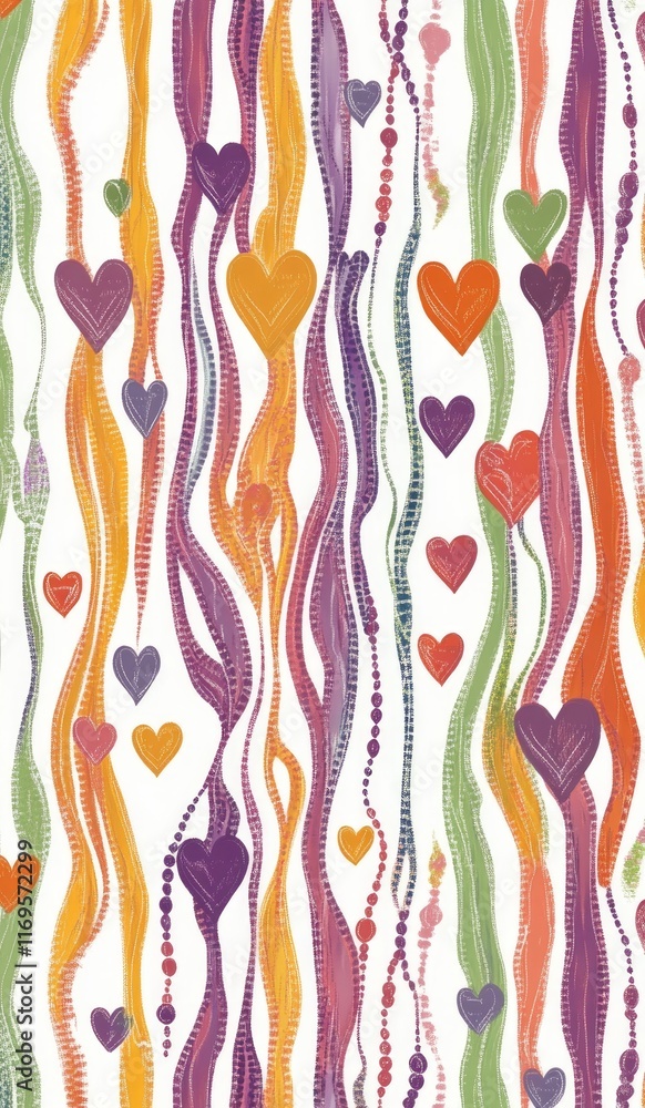 Poster colorful heart pattern features alternating wavy lines and vibrant shapes in a playful design suitab