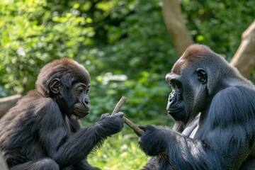 Two gorillas, adult and baby, interact playfully, sharing a stick in a lush green habitat.