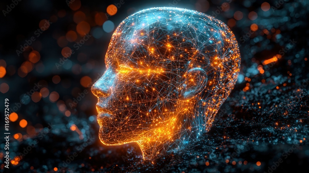 Poster wireframe head with glowing network, dark bokeh background.