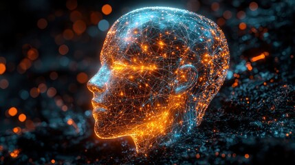 Wireframe head with glowing network, dark bokeh background.