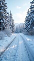 Snow-covered forest road winding through winter landscape with tall pine trees