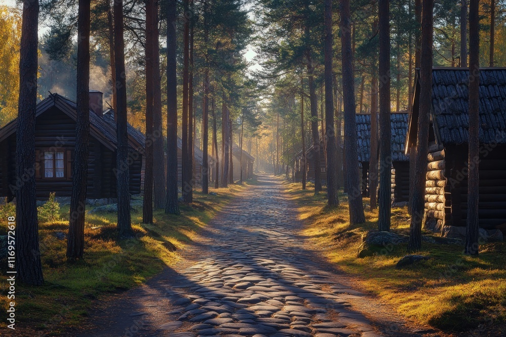 Poster Sunlit cobblestone path through a misty forest with rustic log cabins.