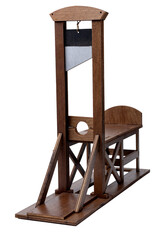 Wooden Guillotine with Angled Steel Blade and Support Steps Isolated on White Background with Clipping Path Cutout Concept for French Revolutionary Justice, and Enlightenment Era Cultural Symbol
