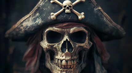 Stylized pirate skull with a hat and crossed bones, ideal for adventurous themes, pirate lore, and halloween decorations. Seafarer. Illustration