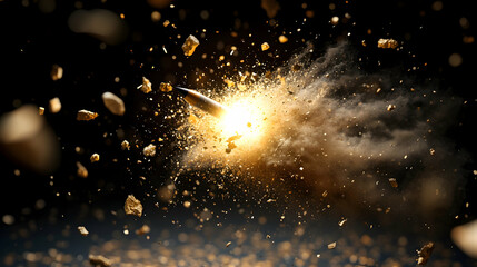 Bullet impacting target, creating explosion and debris.