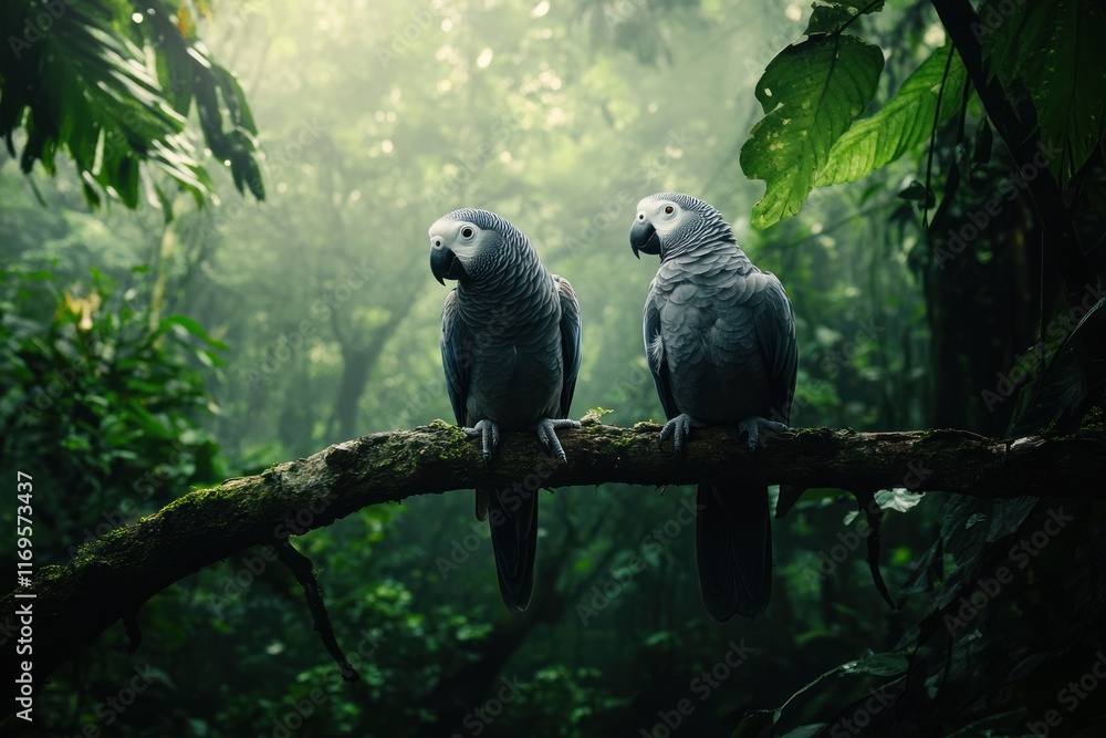 Poster two grey parrots perched on a branch in a misty rainforest.