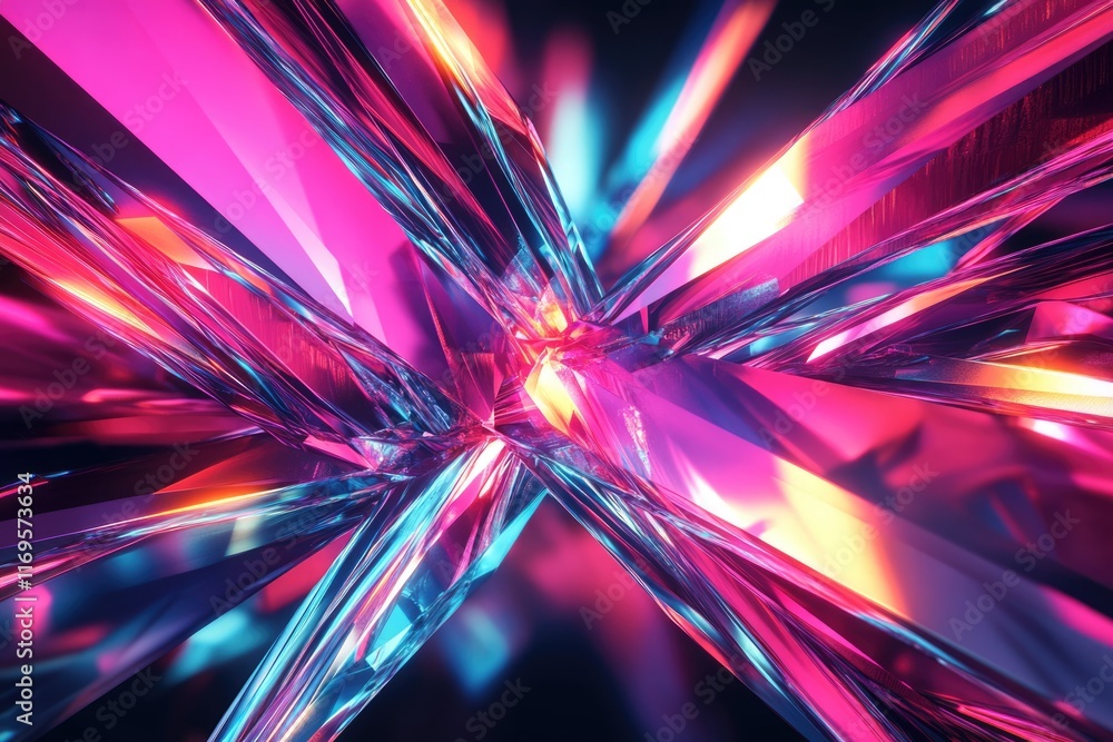 Poster abstract neon crystal shards intersect, creating a vibrant, colorful, and dynamic visual explosion.