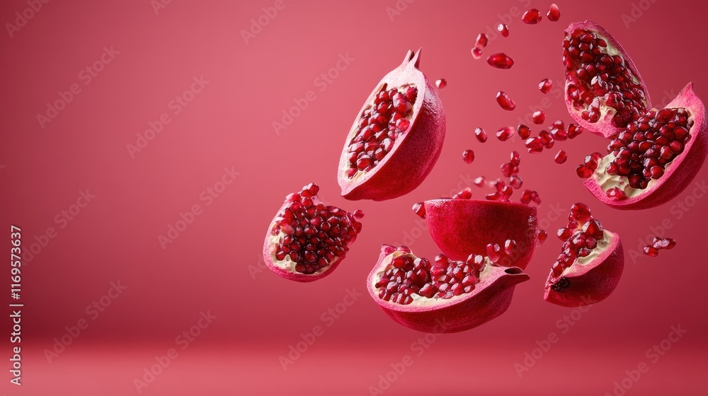 Poster Exploding pomegranate with seeds levitating against a red background.