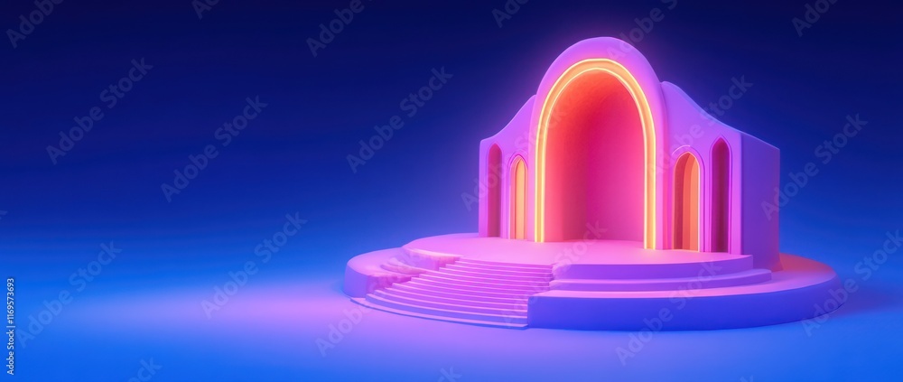 Poster neon-lit stage with archway and steps, 3d render.
