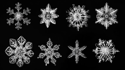 Sparkling snowflakes with clear, detailed patterns and icy textures on black background.