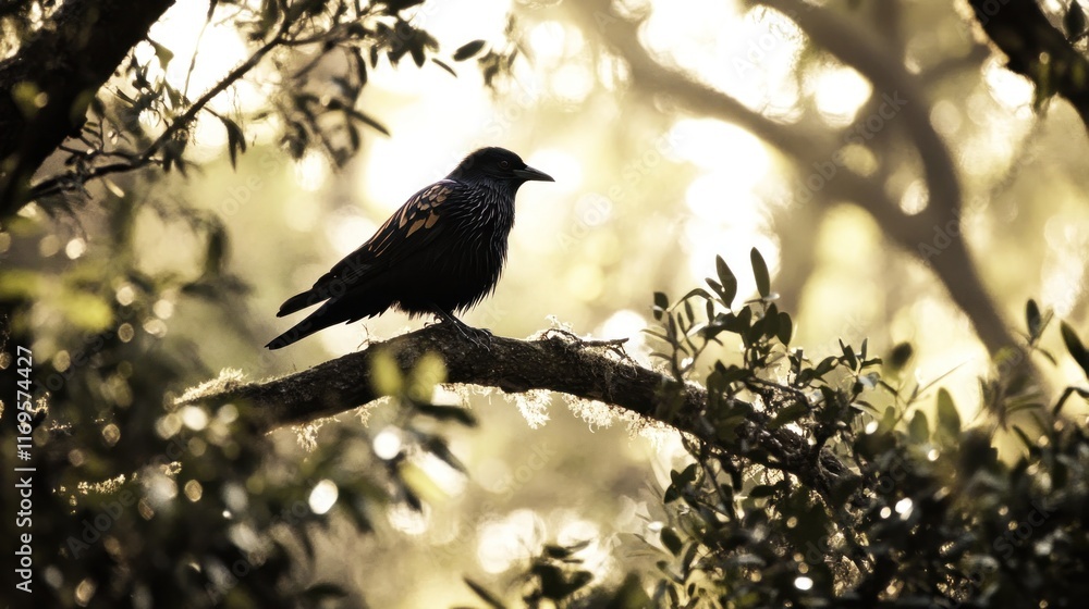 Poster a dark bird perched on a tree branch in a sunlit forest.