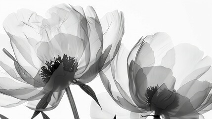   A black-and-white photo features three flowers center-frame against a white backdrop
