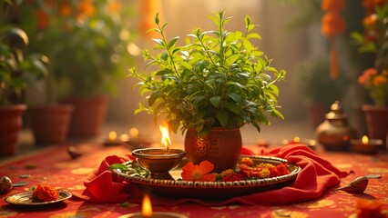 Spiritual Tulsi Plant Puja Ceremony with Diyas and Flowers
